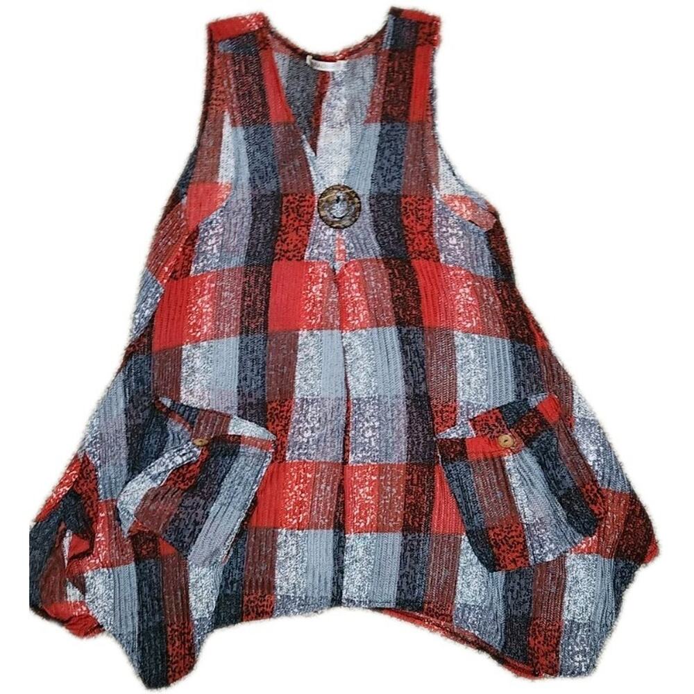 Paradise Lagenlook Plaid Tunic Vest | Red & Blue Check Asymmetrical Top |M/L